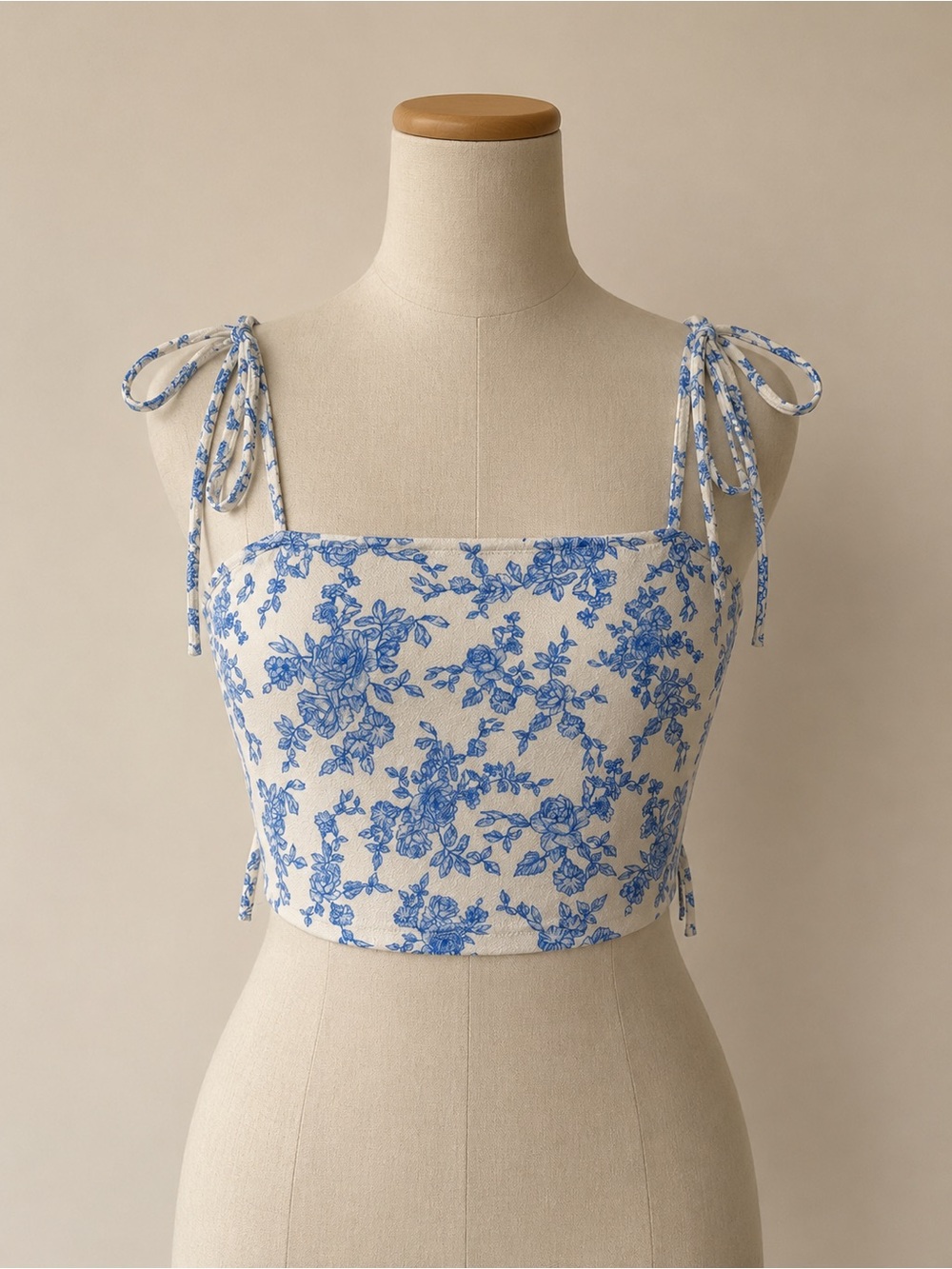 Blue Floral Tie-Shoulder Crop Top